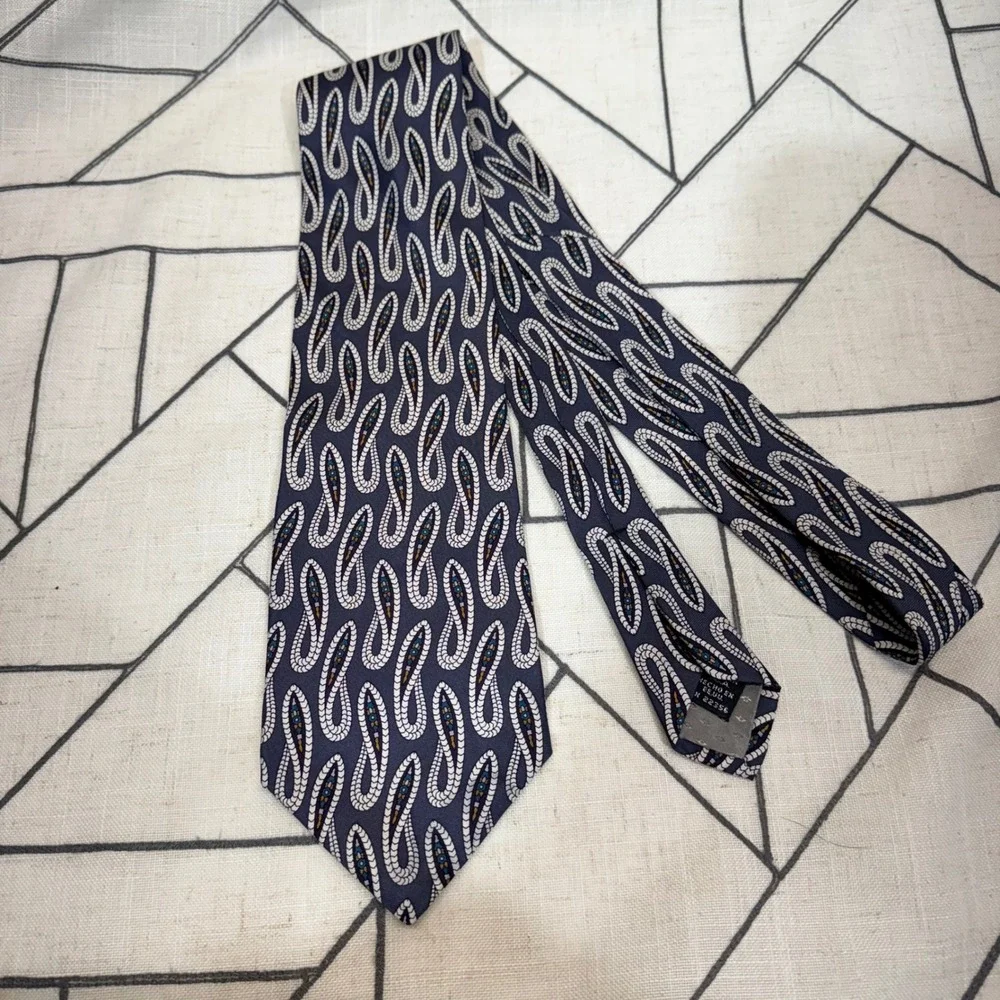 Rubio Silk‎ Necktie Boho Navy Blue Abstract Paisley Collezione Esclusivo